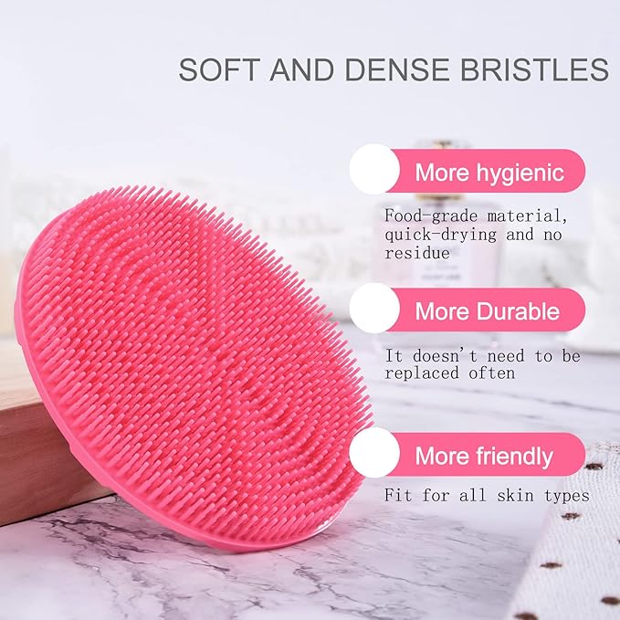 INNERNEED Food-Grade Soft Silicone Body Scrubber Shower Brush Handheld Cleansing Skin Brush, Gentle Exfoliating and Lather Well (Pink)
