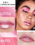 evpct Nude Pink Metallic Glitter Lip Liner and Lipstick Combo Lip Gloss Stain Set Makeup for Women Long Lasting Waterproof 24, Baby Pink Metallic Shimmer Frosted Iridescent Glossy Liquid Lipstick 19