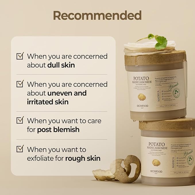 SKINFOOD Potato Madecassoside Soothing Toner Pad, Korean Skincare Facial Toner, Blemish Pads, Damaged Skin Barrier Improvement, Redness Relief, 8.81 oz (60 Pads)