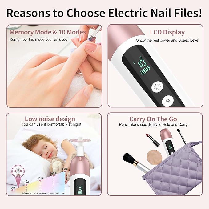 Cordless Electric Nail File Set, Professional Manicure Pedicure Kit with Memory Modes, 10 Speed Portable Nail Drill Machine, Pedicure Tools for feet, Hand Foot Care Tool for Thick Nail Toenail Cuticle
