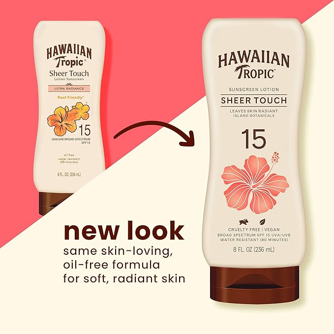 Hawaiian Tropic Sheer Touch Lotion Sunscreen SPF 15, 8oz | Hawaiian Tropic Sunscreen SPF 15, Sunblock, Broad Spectrum Sunscreen, Oxybenzone Free Sunscreen, Body Sunscreen SPF 15, 8oz (Pack of 2)