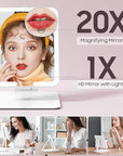 Benbilry Foldable Travel Makeup Mirror with Lights and 20X Magnification, Rechargeable Tabletop LED Vanity Mirror with Adjustable Stand, 3-Colored Dimmable Lighting, Portable Cosmetic Mirror, White