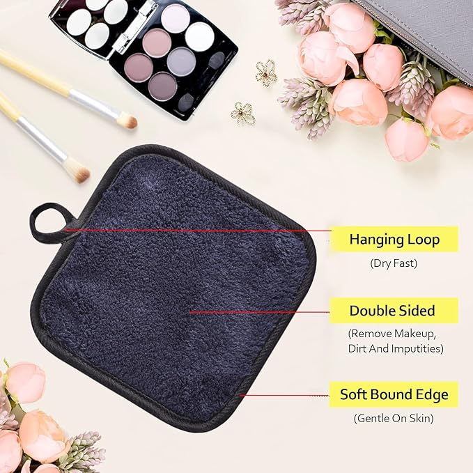 Makeup Remover Cloths for Face, Eye, Lips - Reusable Face Cleansing Cloth Microfiber Makeup Remover Pads 5 x 5 inch 12 Pack (Black)
