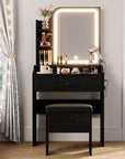 LIKIMIO Small Makeup Vanity Desk with Mirror and Lights, Vanity Table Set with Storage Drawer, Chair and Three Shelves, Bedroom, Black