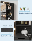 Vanity Desk with Mirror and Lights, 4 Drawers, Open Shelves, Built-in Power Outlets, 3 Lighting Colors Adjustable Dressing Table for Bedroom, Makeup Studio, Black
