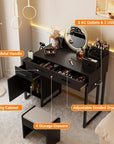 Vanity Desk with 4 Storage Drawers - Modern Makeup Vanity Table with Charging Station, Black Vanity Desk with Reversible Cabinet Dressing Table Set with Divided Organizers for Women Girls, Black