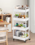 Sywhitta 4-Tier Plastic Rolling Utility Cart with Handle, Multi-Functional Storage Trolley for Office, Living Room, Kitchen, Movable Storage Organizer with Wheels, White