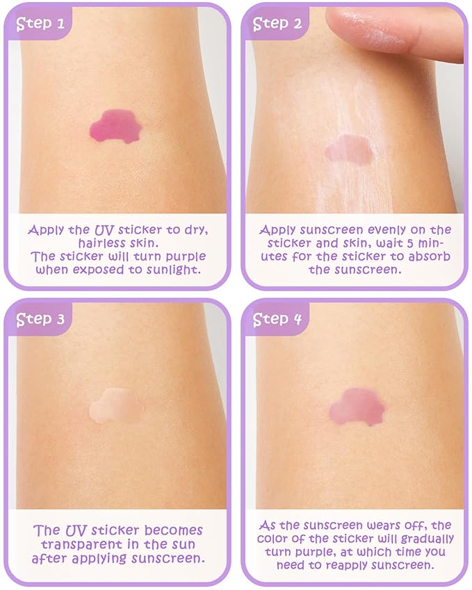 UV Stickers for Sunscreen - 120 Count UV Detection Stickers, Know When to re-Apply Sunscreen, Safe for Kids Age 3+, 4 Pattern Types for Boys & Girls