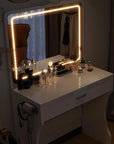 Vanity Desk, Makeup Vanity with LED Light Mirror, Small White Vanity with a Super Large Drawer and Power Outlet, 3 Color Lighting Modes Makeup Table for Bedroom, Dressing Room