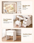 Makeup Vanity Desk Set, 35.4“Wx15.7”Dx53.9“H, White (Smart LED Mirror, with Cushion Stool, Hairdryer Rack, Power-Outlet, 4 Drawers, Open Shelves)