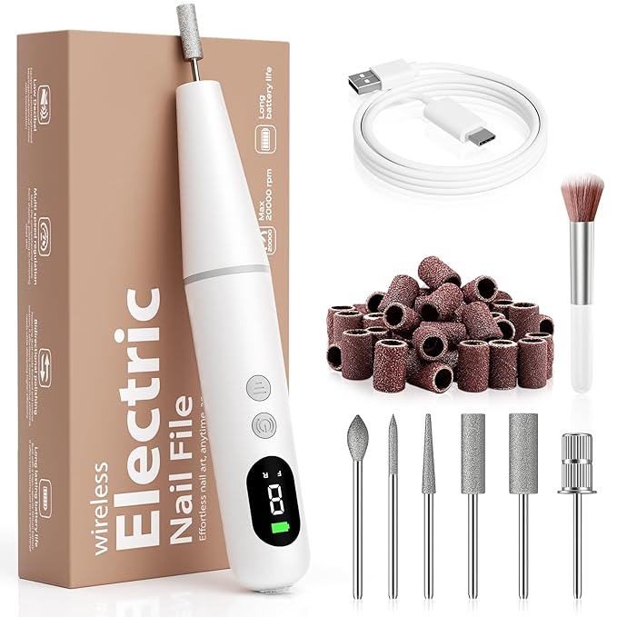 Electric Nail Drill Kit Professional - 9 Speed Cordless Electric Nail File with LED Display, Portable Nail Drill Machine for Acrylic Gel Nails, Hand Feet Trimmer Buffer Tool for Women Men Baby White