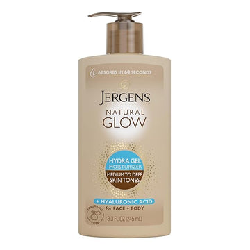 Jergens Natural Glow Hydra Gel Moisturizer, Hyaluronic Acid Tanning Lotion, Hydrating Tanning Gel, Fragrance-Free Self Tanner, Medium to Deep Skin Tones 8.3 Oz
