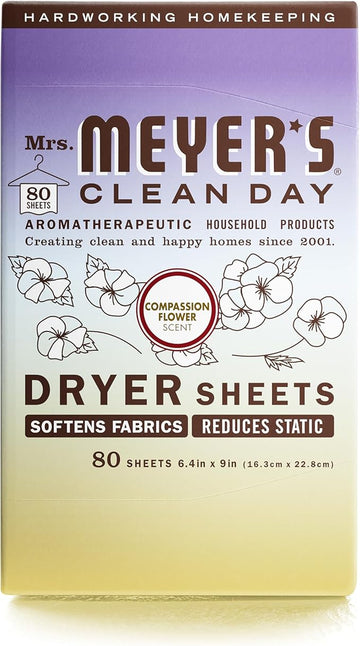 MRS. MEYER'S CLEAN DAY Dryer Sheets, Fabric Softener, Reduces Static, Infused with Essential Oils, Compassion Flower, 80 Count