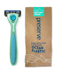 Preserve POPi Shave 5 Razor System Made with Recycled Ocean Plastic and 5-blade cartridge, Neptune Green