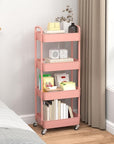 Sywhitta 4-Tier Plastic Rolling Utility Cart with Handle, Multi-Functional Storage Trolley for Office, Living Room, Kitchen, Movable Storage Organizer with Wheels, Pink