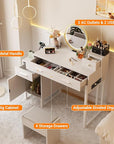 Vanity Desk with 4 Storage Drawers - Modern Makeup Vanity Table with Charging Station, White Vanity Desk with Reversible Cabinet Dressing Table Set with Divided Organizers for Women Girls, White