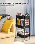 EAGMAK 3 Tier Utility Rolling Cart, Metal Storage Cart with Handle and Lockable Wheels, Multifunctional Storage Organizer Trolley with Mesh Baskets for Kitchen, Living Room, Office, Garage (Black)