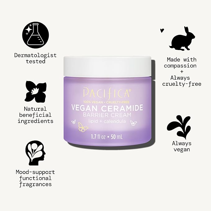 Pacifica Face Cream - Vegan Ceramide Barrier Cream w/Niacinamide & Shea Butter - Hydrating Daily Face Moisturizer Fragrance Free for Sensitive Skin, Vegan, Clean Beauty Allergy & Dermatologist Tested