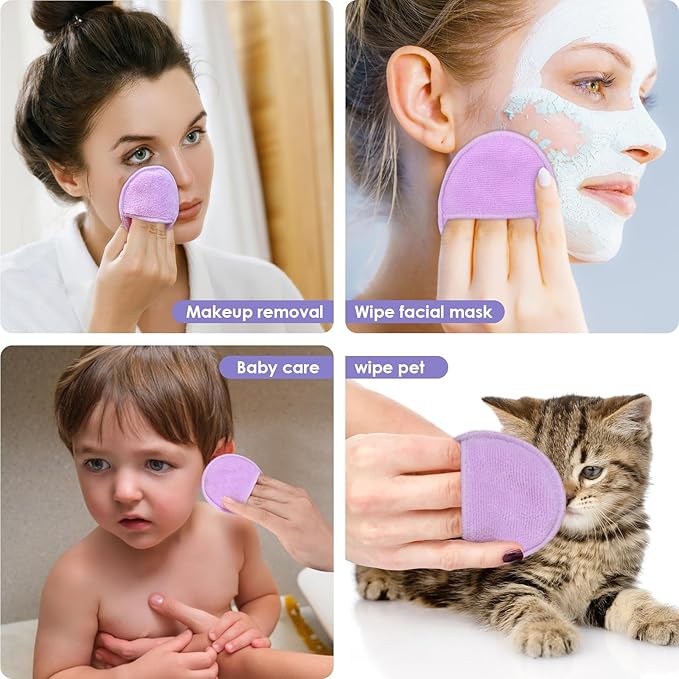 SUNLAND Reusable Makeup Remover Pads for Face,Eye,Lips 16 Pack Microfiber Face Cleansing Gloves Washable with Laundry Bag and Travel Bag Rounds Toner Pads（Round 3.15inchx16 Purple）