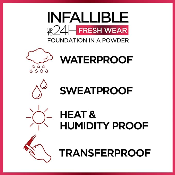 L'Oreal Paris Makeup Infallible Fresh Wear Foundation in a Powder, Up to 24H Wear, Waterproof, Sienna, 0.31 oz.