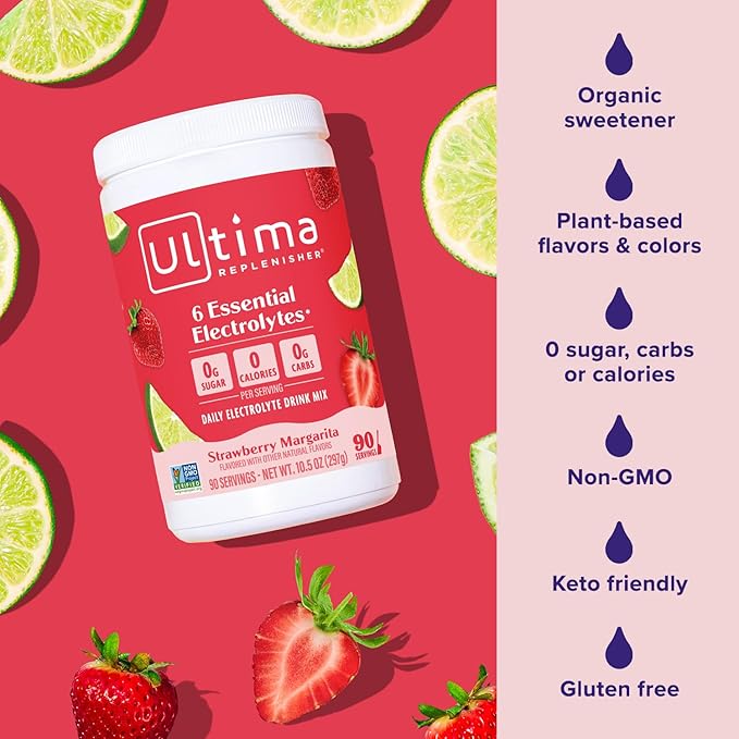 Ultima Replenisher Mocktini Electrolyte Drink Mix – Strawberry Margarita, 90 Servings – Hydration Powder with 6 Electrolytes & Trace Minerals – Keto Friendly, Non-GMO & Sugar-Free Electrolyte Powder