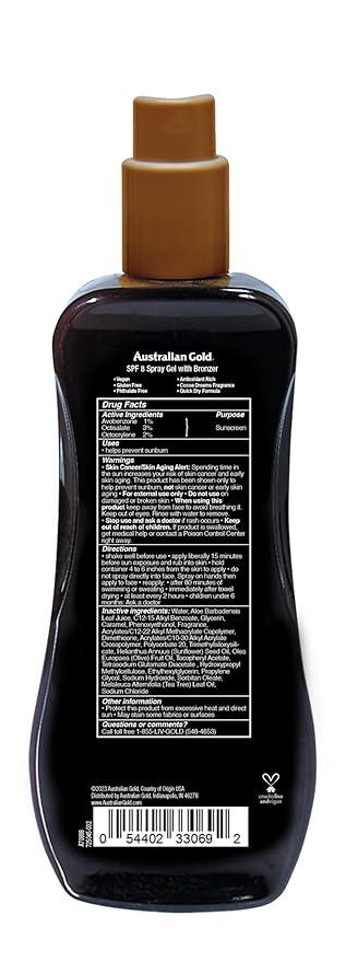 Australian Gold Spray Gel Sunscreen with Instant Bronzer SPF 8, 8 Ounce