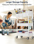 YASONIC Metal 3 Tier Rolling Cart - Heavy Duty Utility Cart with Lockable Wheels, Hanging Cups, Hooks, Mesh Rolling Storage Cart Craft Cart Organizer, Lightweight and Sturdy, White