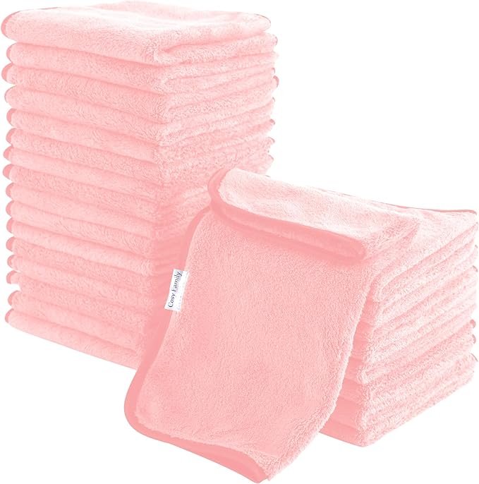 Cosy Family 24 Pack Soft Washcloths Set - 12 x 12 inches, Quick Drying - Highly Absorbent Coral Velvet Fingertip Towel Bathroom Wash Clothes for Bath, Spa, Facial, Kitchen - Pink