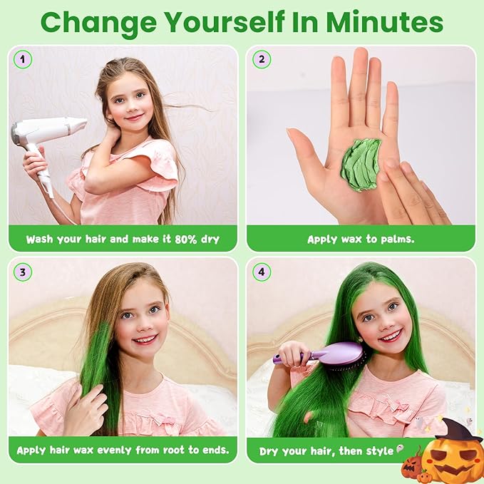 Temporary Green Hair Color Wax for Kids, Women Men Colored Hair Styling Mud, Washable Style Dye for Girls Boys Teens, DIY Instant Hair Coloring Gel Cream for Cosplay Halloween Children's Day