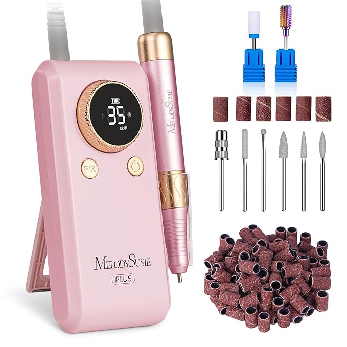 MelodySusie 2 in 1 Professional 35,000 RPM Nail Drill Kit, Coreless Rechargeable SM330G Electric Nail File, Cordless Portable Nail E File for Acrylic Gel Nails Polish Removal, Lightweight & Quiet Pink
