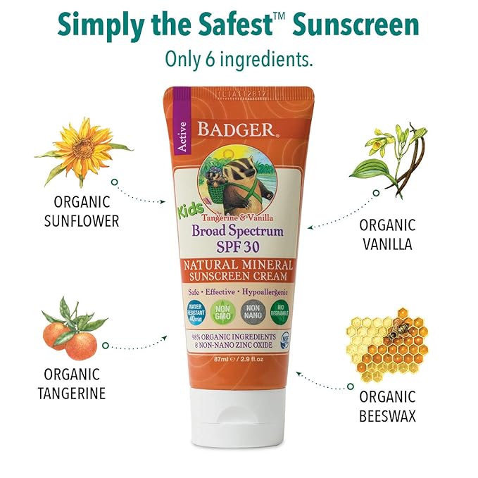 Badger - SPF 30 Kids Sunscreen Cream with Zinc Oxide for Face and Body, Broad Spectrum & Water Resistant Reef Safe Sunscreen, Natural Mineral Sunscreen with Organic Ingredients 2.9 fl oz (2 pack)