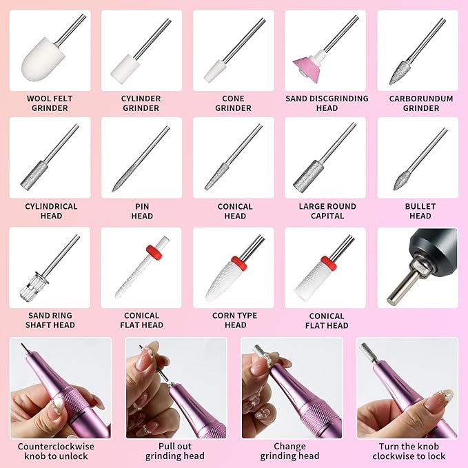 Portable Electric Nail Drill Cordless,35000 RPM Electric Nail File with Holder,Rechargeable Nail Drill E Filer for Nails,Electric Nail Buffer Nail Filer Electric Tool for Women (Gradient Purple Gold)