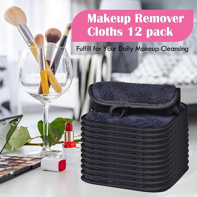 Makeup Remover Cloths for Face, Eye, Lips - Reusable Face Cleansing Cloth Microfiber Makeup Remover Pads 5 x 5 inch 6 Pack (Black)