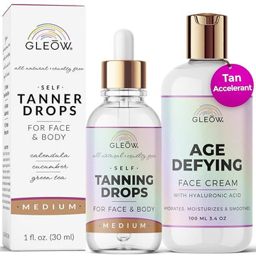 GLEOW Face Tanning Drops to Add to Moisturizer, Face Self Tanner with Revitalizing Cream, Bronzing Drops with Hydrating Cream 1oz+3.4oz