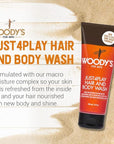 Woody's Just4Play Hair and Body Wash for Men - Sulfate-Free, Deep Cleansing, Hydrating, Fresh Scent, All-in-One Shower Gel, 8 fl oz