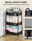 EAGMAK 3 Tier Rolling Cart, Large Metal Storage Cart with Handle and Lockable Wheels, Big Multifunctional Storage Organizer Trolley with Mesh Baskets for Kitchen, Living Room, Office, Garage (Black)