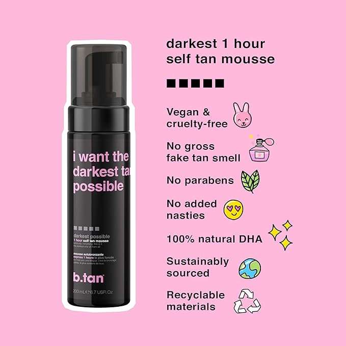 b.tan Dark Self Tanner Kit | Get The Darkest Tan Possible Bundle - Best Dark Self Tanning Mousse w Mitt Applicator, 1 Hour Sunless Tanner, Fast Bronzing Glow, No Fake Tan Smell, Vegan, 6.7 Fl Oz
