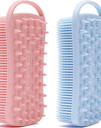2 PC Silicone Exfoliating Body Scrubber, 2 in 1 Silicone Body Shampoo Brush, Soft Silicone Loofah for Sensitive Skin, Shower Silicone Hair Scalp Massager, Easy to Clean, Lather Well (Pink&Blue)