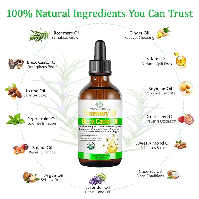 Rosemary & Castor Hair Growth Oil – USDA Certified Organic Cold Pressed Blend Castor oil for Thicker, Fuller Hair, Soothe Itchy Scalp & Repair Damaged Hair – 4 fl oz