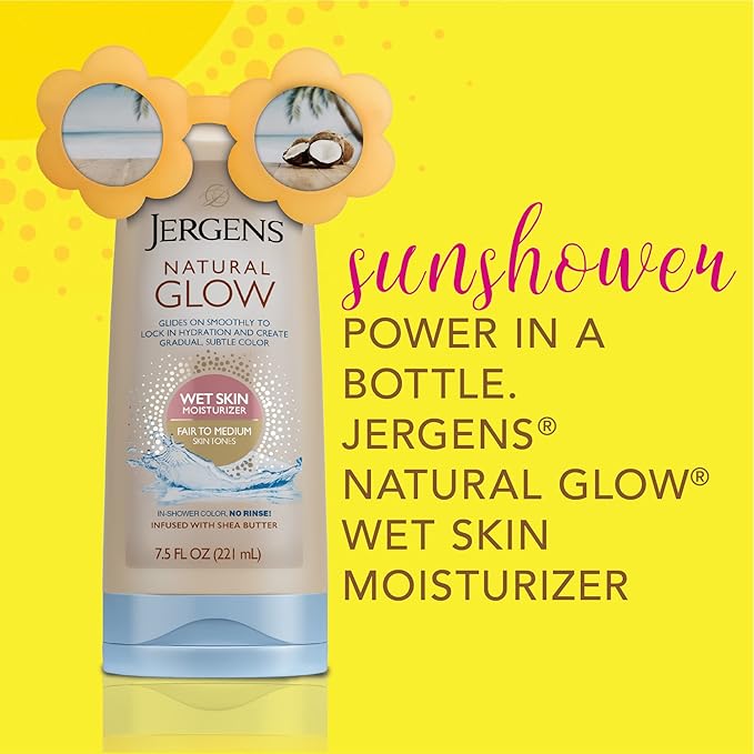 Jergens Natural Glow In Shower Lotion, Self Tanner for Fair to Medium Skin Tone, Sunless Tanning Wet Skin Lotion for Gradual, Flawless Color, 7.5 Ounce, Pack of 2