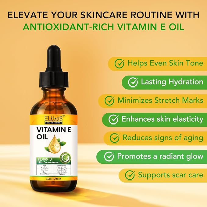 Vitamin E Oil - 75,000 IU Ultra Concentrated - Moisturizes, Fades Scars & Stretch Marks, Anti-Aging & Skin Hydration - for Face, Body, Hair, and Nails