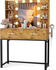 YESHOMY Vanity Desk with Mirror, Makeup Table with 2 Large Drawers, Power Outlet and Round Holder, 3 Color Modes Adjustable Bulb, Brown