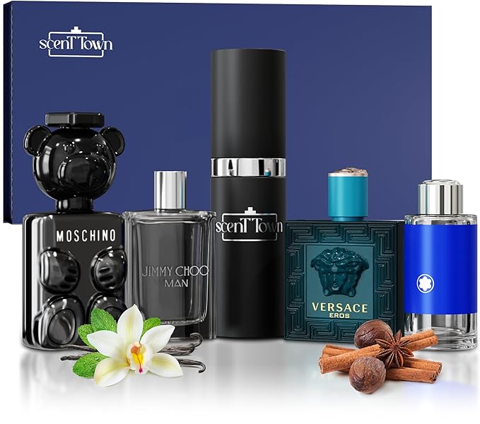 Mens Cologne Gift Sets Bundle Mini Bottle – Designer Mens Cologne Sampler Sets with Refillable Atomizer – Box Includes Versace, Moschino, Mont Blanc, Jimmy Choo Travel Size (0.17 Oz Each)
