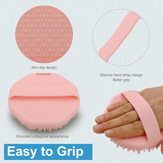 Silicone Body Scrubber, Exfoliating Shower Scrubber, Non-Slip Handle for Easy Cleaning, Travel Friendly (Pink)
