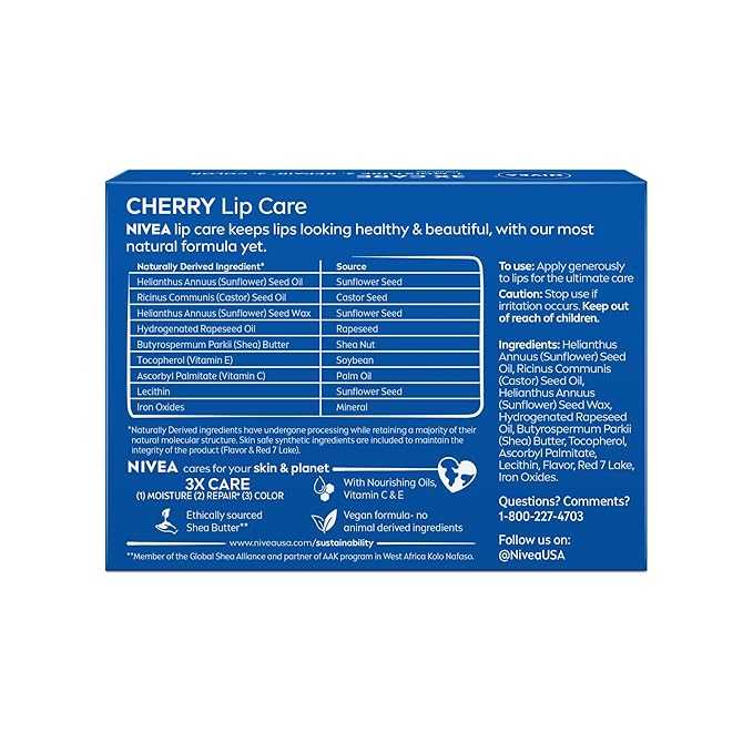 NIVEA Cherry Lip Care, Tinted Lip Balm Pack with Shea Butter, Nourishing Oils and Vitamin C & E, 3-in-1 Moisture, Repair and Color, 0.17 Oz Stick, Pack of 4