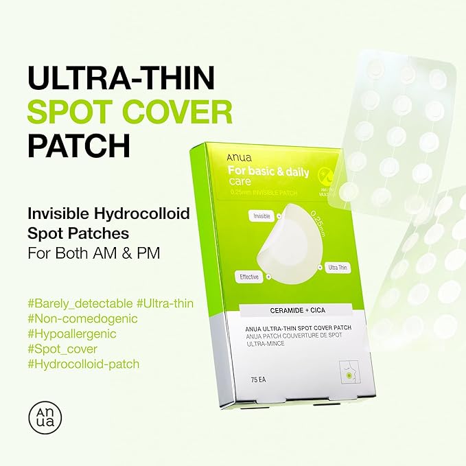 ANUA Ultra-Thin Spot Cover Patch, 2 Sizes invisible Hydrocolloid Patch for Face, Centella for area of concern, Slim Spot Stickers, Perfect coverage, Beauty & Facial Skincare Products (75 Counts)