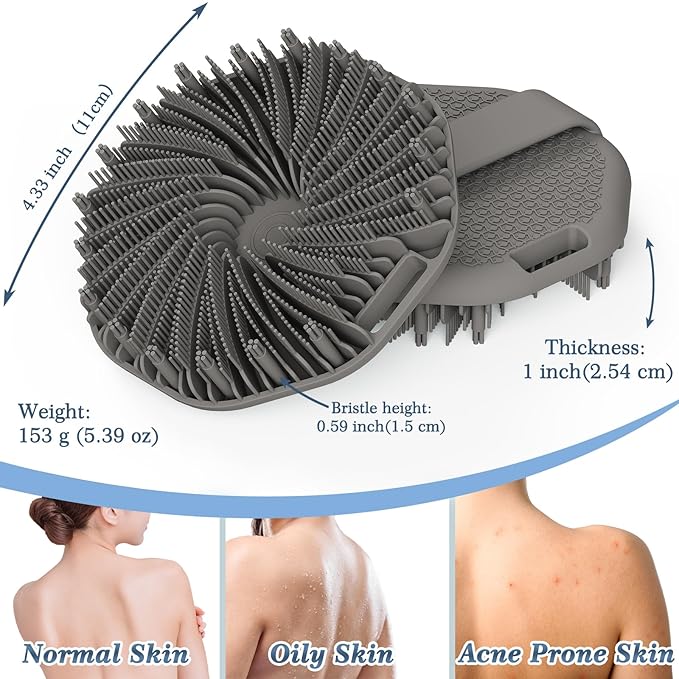 ManmiHealth Silicone Body Scrubber Shower Brush, Upgrade Super-Exfoliating Shower Scrubber with Non-Slip Hand Strap for All Skin Types, Silicone Body Buffer for Use in Shower with a Free Hook (Gray)