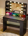 COMHOMA Vanity Desk with Lighted Mirror and Power Outlet, RGB LED Lights Makeup Vanity Set for Girls, Large Storage Capacity Dressing Table for Bedroom, 3 Lighting Modes Adjustable Brightness, Black