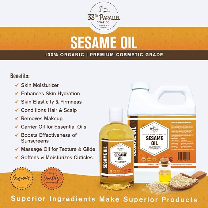 ORGANIC SESAME OIL (32 oz) Premium Cold Pressed Unrefined | 100% Pure Sesame Oil for Skin, Face, Hair, Soap Making | Carrier for Essential Oils | Available in Bulk | 32 FL OZ