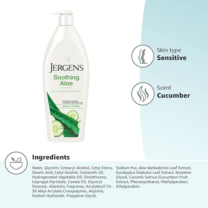 Jergens Soothing Aloe Refreshing Body Lotion, Aloe Vera Body and Hand Moisturizer, 21 Fl Oz, Illuminating Hydralucence Blend, with Cucumber Extract, Dermatologist Tested (Pack of 2)